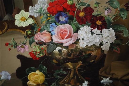 § Albert Williams (1922-2010) Still life of flowers in a brass vase with a lady reflected in a mirror 24 x 20in.